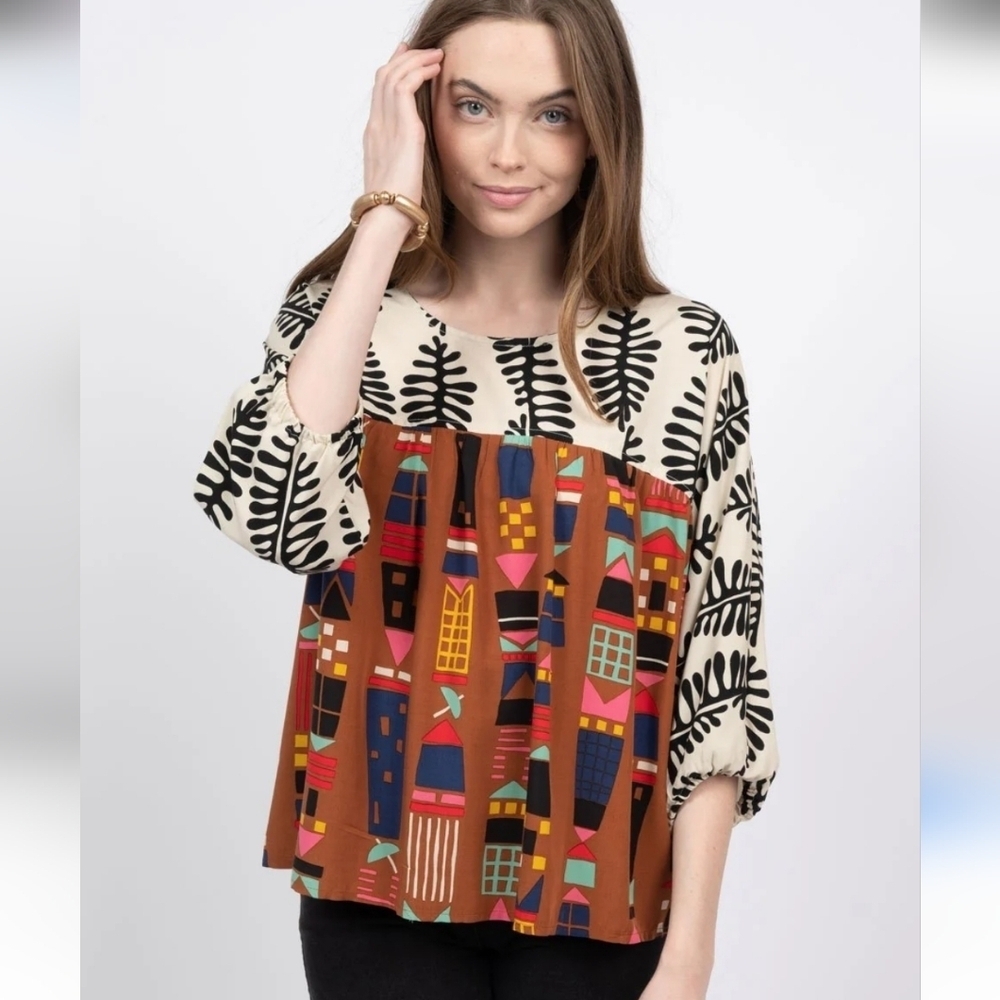 IVY JANE City Scape Abstract and Leaf Print Blouse 3/4 Sleeve. Size XS